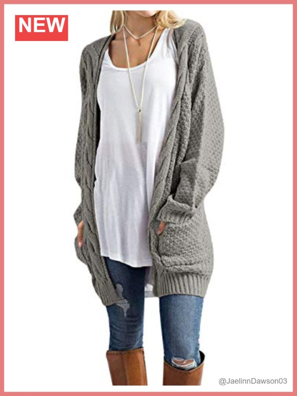 Long Sleeve Open Front Chunky Cable Knit Cardigan Sweater with Pockets